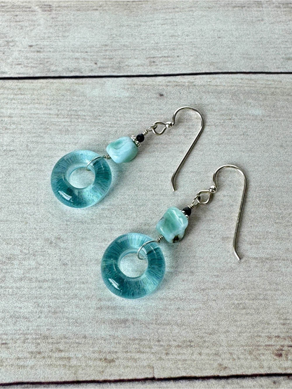 Glass Light Blue Donut Drop Earrings with Larimar Beads